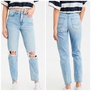 American Eagle High Rise Non-Stretch Denim Distressed Light Wash Denim Mom Jeans